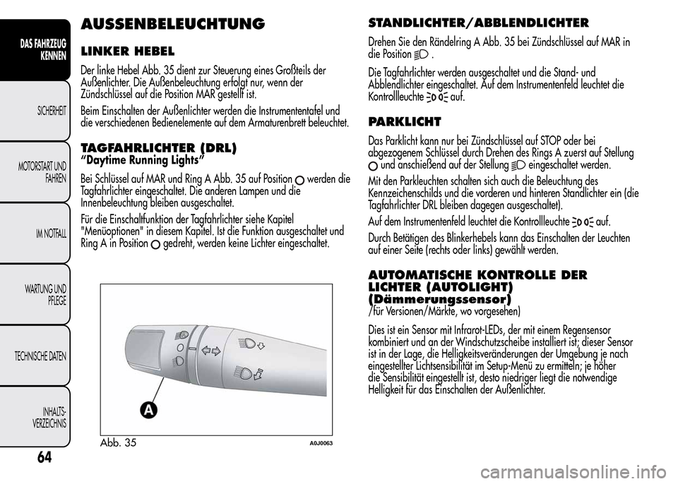 Alfa Romeo MiTo 2015  Betriebsanleitung (in German) AUSSENBELEUCHTUNG
LINKER HEBEL
Der linke Hebel Abb. 35 dient zur Steuerung eines Großteils der
Außenlichter. Die Außenbeleuchtung erfolgt nur, wenn der
Zündschlüssel auf die Position MAR gestellt