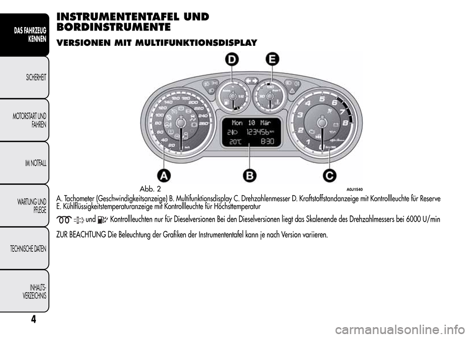 Alfa Romeo MiTo 2015 Betriebsanleitung (in German) INSTRUMENTENTAFEL UND
BORDINSTRUMENTE
VERSIONEN MIT MULTIFUNKTIONSDISPLAY
A. Tachometer (Geschwindigkeitsanzeige) B. Multifunktionsdisplay C. Drehzahlenmesser D. Kraftstoffstandanzeige mit Kontrollleu Alfa Romeo MiTo 2015 Betriebsanleitung (in German) INSTRUMENTENTAFEL UND
BORDINSTRUMENTE
VERSIONEN MIT MULTIFUNKTIONSDISPLAY
A. Tachometer (Geschwindigkeitsanzeige) B. Multifunktionsdisplay C. Drehzahlenmesser D. Kraftstoffstandanzeige mit Kontrollleu