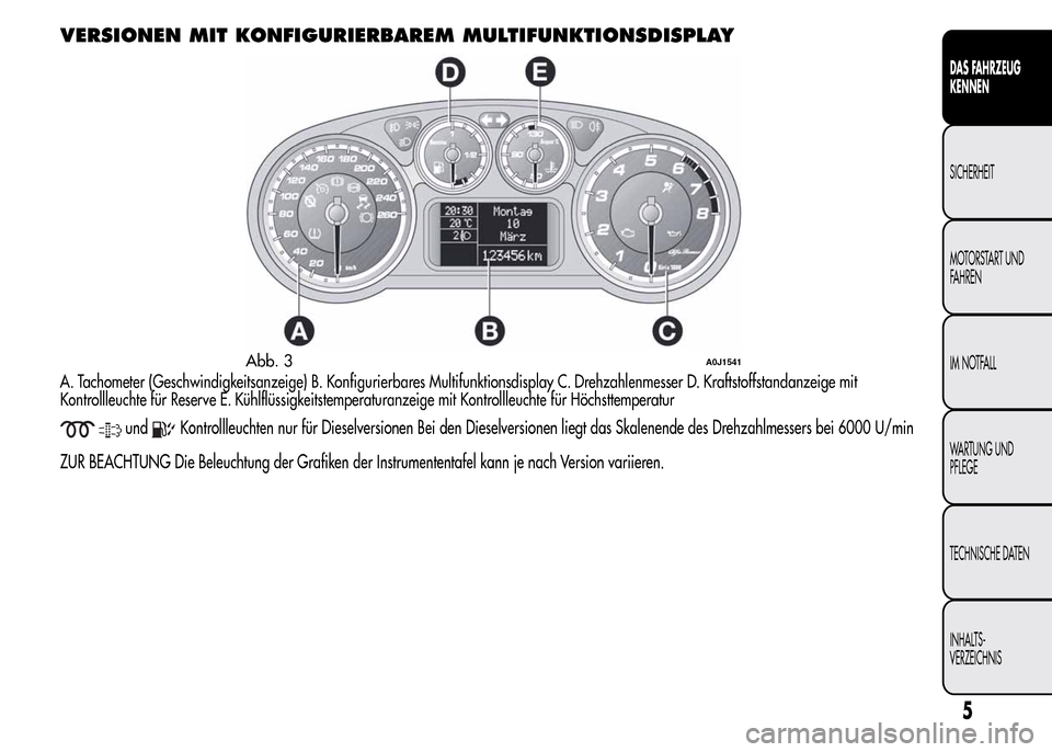 Alfa Romeo MiTo 2015 Betriebsanleitung (in German) VERSIONEN MIT KONFIGURIERBAREM MULTIFUNKTIONSDISPLAY
A. Tachometer (Geschwindigkeitsanzeige) B. Konfigurierbares Multifunktionsdisplay C. Drehzahlenmesser D. Kraftstoffstandanzeige mit
Kontrollleuchte Alfa Romeo MiTo 2015 Betriebsanleitung (in German) VERSIONEN MIT KONFIGURIERBAREM MULTIFUNKTIONSDISPLAY
A. Tachometer (Geschwindigkeitsanzeige) B. Konfigurierbares Multifunktionsdisplay C. Drehzahlenmesser D. Kraftstoffstandanzeige mit
Kontrollleuchte