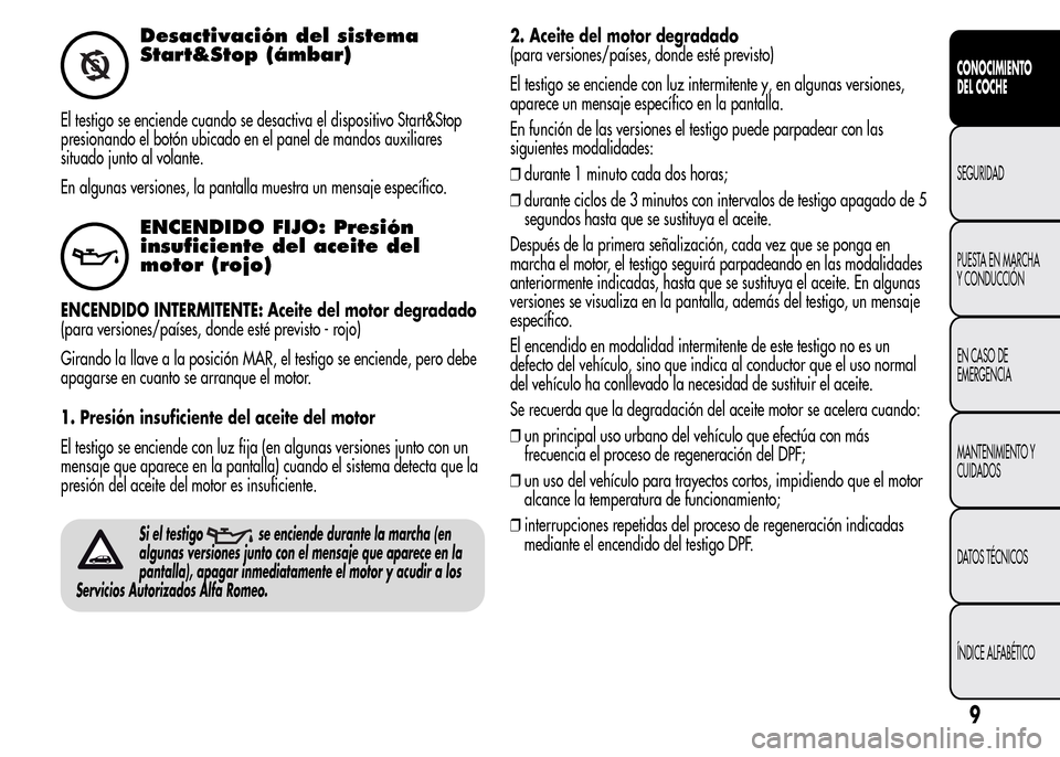 Alfa Romeo MiTo 2015  Manual del propietario (in Spanish) Desactivación del sistema
Start&Stop (ámbar)
El testigo se enciende cuando se desactiva el dispositivo Start&Stop
presionando el botón ubicado en el panel de mandos auxiliares
situado junto al vola