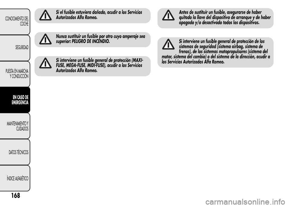 Alfa Romeo MiTo 2015 Manual del propietario (in Spanish) Si el fusible estuviera dañado, acudir a los Servicios
Autorizados Alfa Romeo.
Nunca sustituir un fusible por otro cuyo amperaje sea
superior: PELIGRO DE INCENDIO.
Si interviene un fusible general de Alfa Romeo MiTo 2015 Manual del propietario (in Spanish) Si el fusible estuviera dañado, acudir a los Servicios
Autorizados Alfa Romeo.
Nunca sustituir un fusible por otro cuyo amperaje sea
superior: PELIGRO DE INCENDIO.
Si interviene un fusible general de
