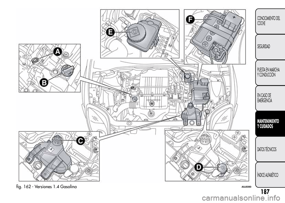Alfa Romeo MiTo 2015 Manual del propietario (in Spanish) fig. 162 - Versiones 1.4 GasolinaA0J0300
187
CONOCIMIENTO DEL
COCHE
SEGURIDAD
PUESTA EN MARCHA
Y CONDUCCIÓN
EN CASO DE
EMERGENCIA
MANTENIMIENTO
Y CUIDADOS
DATOS TÉCNICOS
ÍNDICE ALFABÉTICO Alfa Romeo MiTo 2015 Manual del propietario (in Spanish) fig. 162 - Versiones 1.4 GasolinaA0J0300
187
CONOCIMIENTO DEL
COCHE
SEGURIDAD
PUESTA EN MARCHA
Y CONDUCCIÓN
EN CASO DE
EMERGENCIA
MANTENIMIENTO
Y CUIDADOS
DATOS TÉCNICOS
ÍNDICE ALFABÉTICO