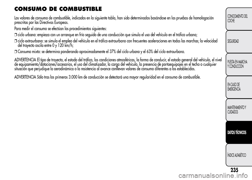 Alfa Romeo MiTo 2015  Manual del propietario (in Spanish) CONSUMO DE COMBUSTIBLE
Los valores de consumo de combustible, indicados en la siguiente tabla, han sido determinados basándose en las pruebas de homologación
prescritas por las Directivas Europeas.
