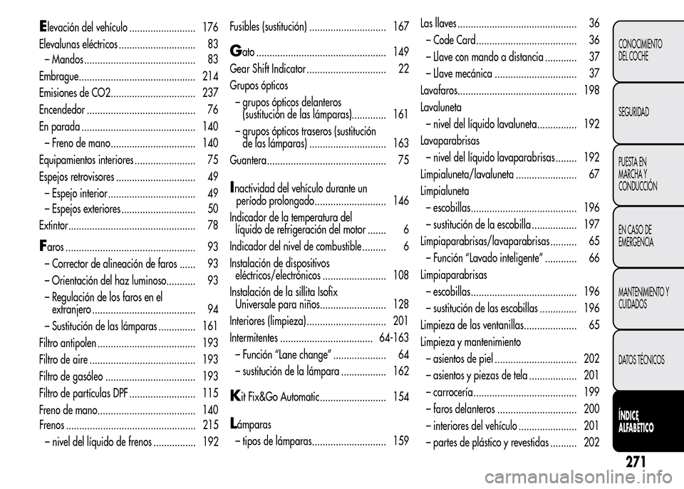 Alfa Romeo MiTo 2015  Manual del propietario (in Spanish) Elevación del vehículo ......................... 176
Elevalunas eléctricos ............................. 83
– Mandos .......................................... 83
Embrague........................