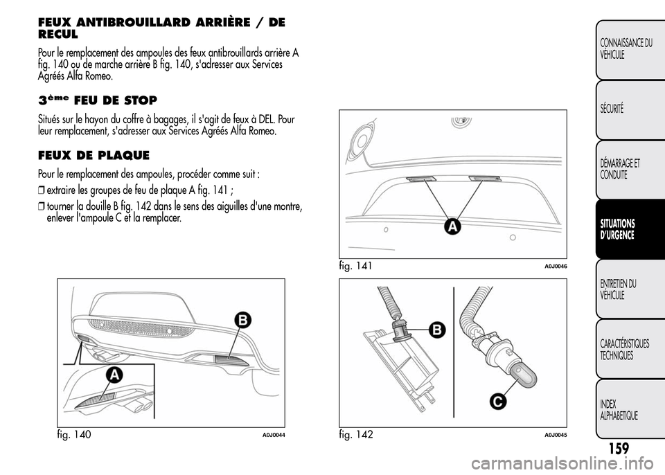 Alfa Romeo MiTo 2015  Manuel du propriétaire (in French) FEUX ANTIBROUILLARD ARRIÈRE / DE
RECUL
Pour le remplacement des ampoules des feux antibrouillards arrière A
fig. 140 ou de marche arrière B fig. 140, sadresser aux Services
Agréés Alfa Romeo.
3