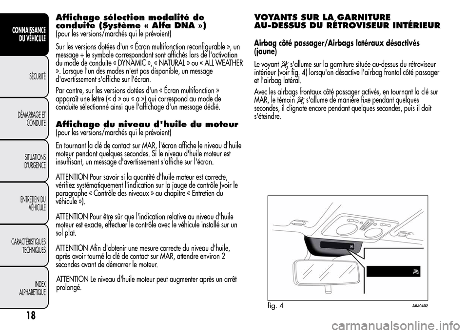 Alfa Romeo MiTo 2015  Manuel du propriétaire (in French) Affichage sélection modalité de
conduite (Système « Alfa DNA »)
(pour les versions/marchés qui le prévoient)
Sur les versions dotées dun « Écran multifonction reconfigurable », un
message 