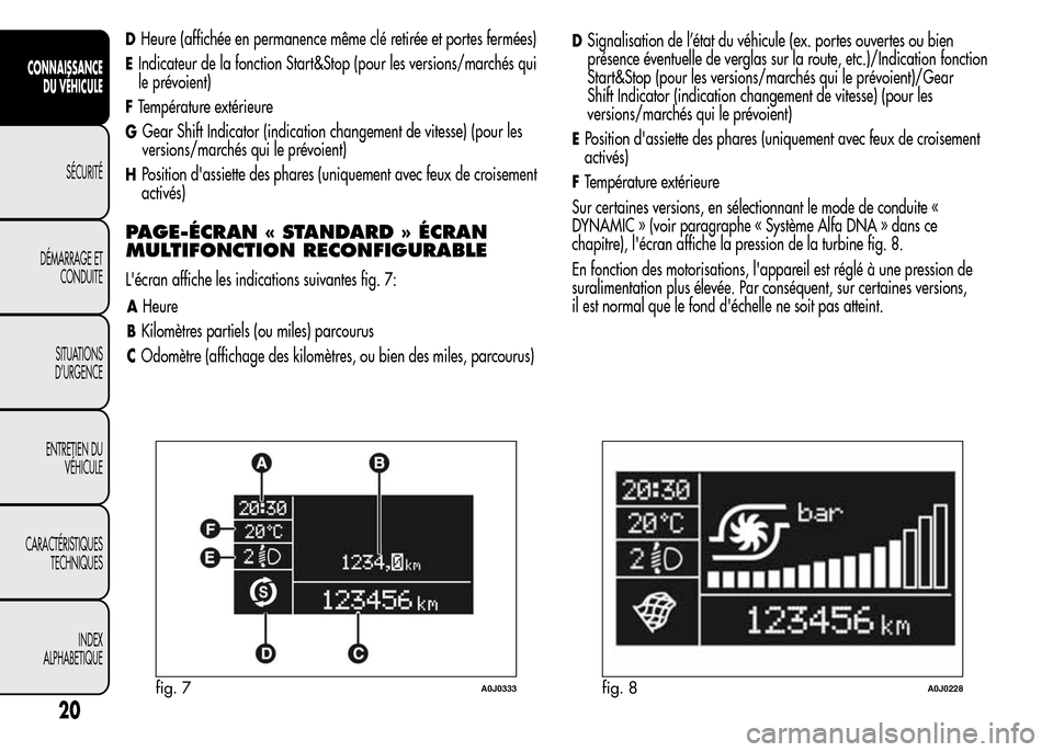 Alfa Romeo MiTo 2015  Manuel du propriétaire (in French) DHeure (affichée en permanence même clé retirée et portes fermées)
EIndicateur de la fonction Start&Stop (pour les versions/marchés qui
le prévoient)
FTempérature extérieure
GGear Shift Indic