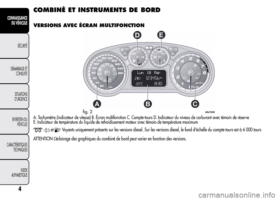 Alfa Romeo MiTo 2015 Manuel du propriétaire (in French) COMBINÉ ET INSTRUMENTS DEBORD
VERSIONS AVEC ÉCRAN MULTIFONCTION
A. Tachymètre (indicateur de vitesse) B. Écran multifonction C. Compte-tours D. Indicateur du niveau de carburant avec témoin de r Alfa Romeo MiTo 2015 Manuel du propriétaire (in French) COMBINÉ ET INSTRUMENTS DEBORD
VERSIONS AVEC ÉCRAN MULTIFONCTION
A. Tachymètre (indicateur de vitesse) B. Écran multifonction C. Compte-tours D. Indicateur du niveau de carburant avec témoin de r