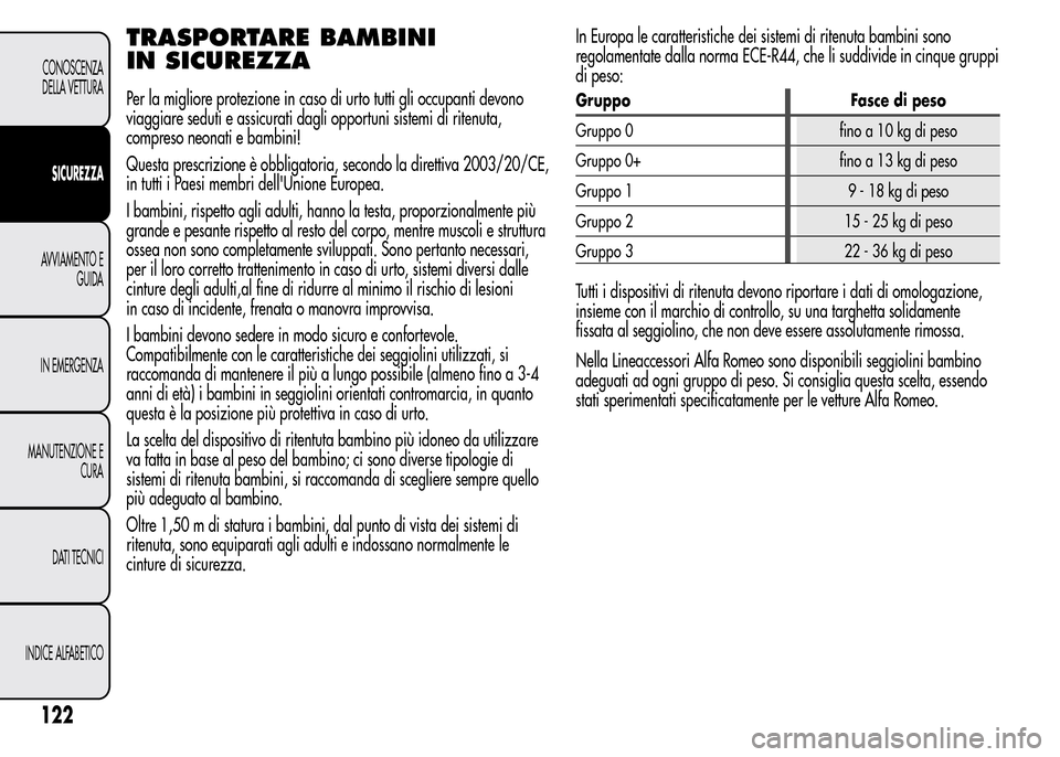 Alfa Romeo MiTo 2015 Manuale del proprietario (in Italian) TRASPORTARE BAMBINI
IN SICUREZZA
Per la migliore protezione in caso di urto tutti gli occupanti devono
viaggiare seduti e assicurati dagli opportuni sistemi di ritenuta,
compreso neonati e bambini!
Qu Alfa Romeo MiTo 2015 Manuale del proprietario (in Italian) TRASPORTARE BAMBINI
IN SICUREZZA
Per la migliore protezione in caso di urto tutti gli occupanti devono
viaggiare seduti e assicurati dagli opportuni sistemi di ritenuta,
compreso neonati e bambini!
Qu