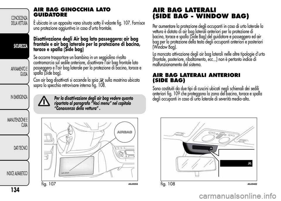 Alfa Romeo MiTo 2015  Manuale del proprietario (in Italian) AIR BAG GINOCCHIA LATO
GUIDATORE
È ubicato in un apposito vano situato sotto il volante fig. 107. Fornisce
una protezione aggiuntiva in caso d’urto frontale.
Disattivazione degli Air bag lato passe