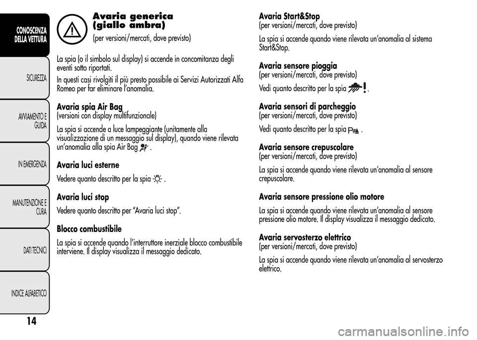 Alfa Romeo MiTo 2015  Manuale del proprietario (in Italian) Avaria generica
(giallo ambra)
(per versioni/mercati, dove previsto)
La spia (o il simbolo sul display) si accende in concomitanza degli
eventi sotto riportati.
In questi casi rivolgiti il più presto