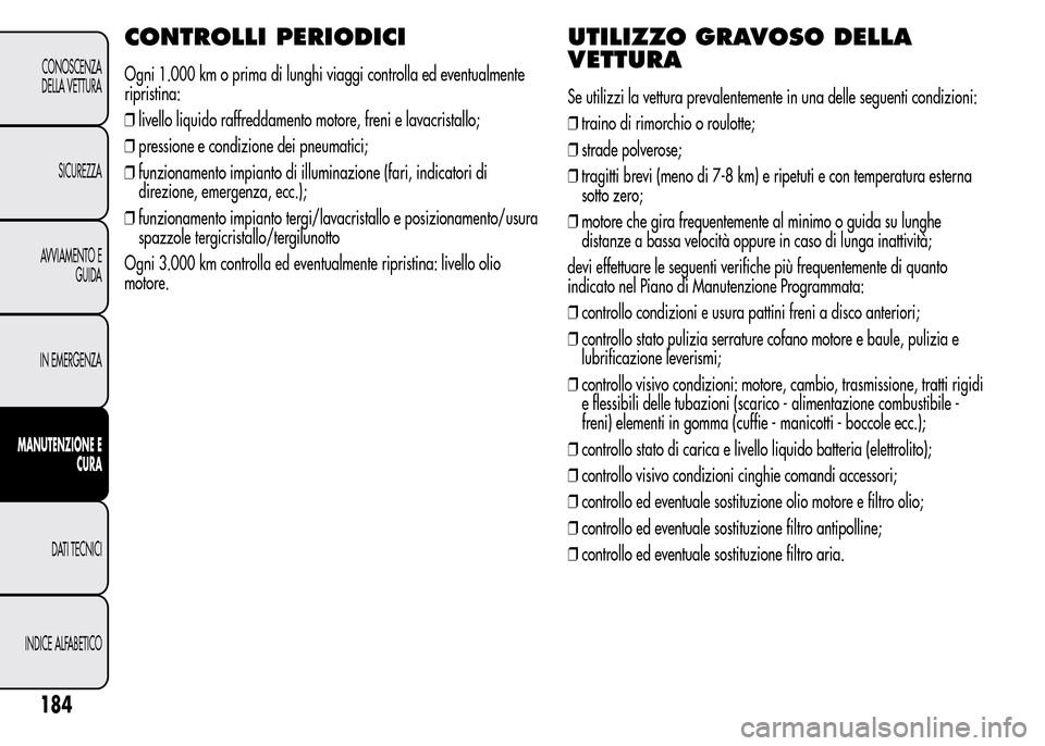 Alfa Romeo MiTo 2015  Manuale del proprietario (in Italian) CONTROLLI PERIODICI
Ogni 1.000 km o prima di lunghi viaggi controlla ed eventualmente
ripristina:
❒livello liquido raffreddamento motore, freni e lavacristallo;
❒pressione e condizione dei pneumat