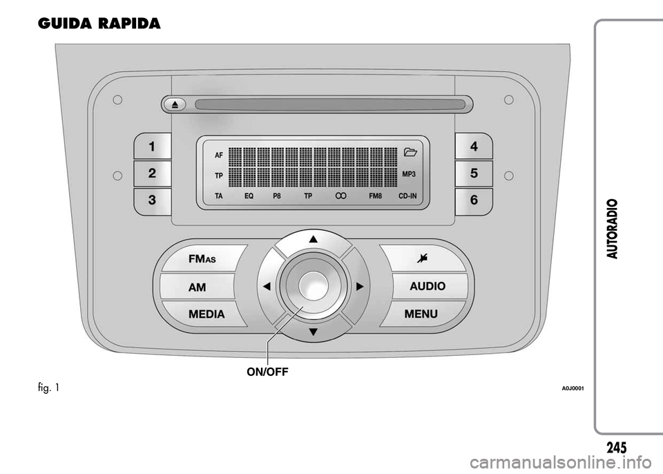 Alfa Romeo MiTo 2015 Manuale del proprietario (in Italian) GUIDA RAPIDA
fig. 1A0J0001
245
AUTORADIO Alfa Romeo MiTo 2015 Manuale del proprietario (in Italian) GUIDA RAPIDA
fig. 1A0J0001
245
AUTORADIO