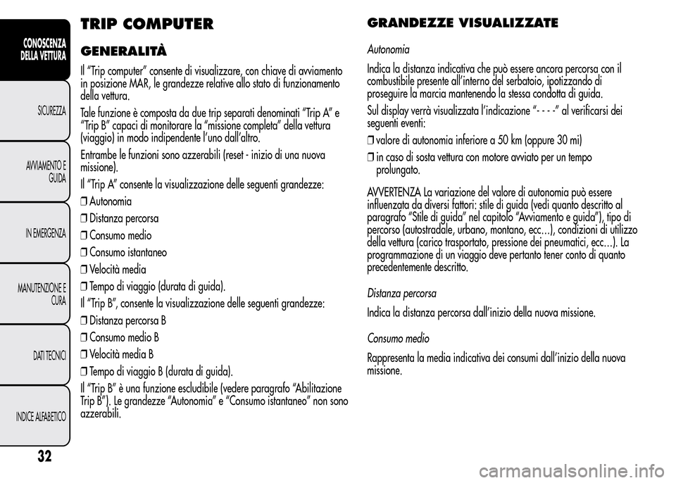 Alfa Romeo MiTo 2015  Manuale del proprietario (in Italian) TRIP COMPUTER
GENERALITÀ
Il “Trip computer” consente di visualizzare, con chiave di avviamento
in posizione MAR, le grandezze relative allo stato di funzionamento
della vettura.
Tale funzione è 
