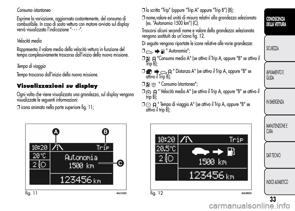 Alfa Romeo MiTo 2015  Manuale del proprietario (in Italian) Consumo istantaneo
Esprime la variazione, aggiornata costantemente, del consumo di
combustibile. In caso di sosta vettura con motore avviato sul display
verrà visualizzata l’indicazione “----”.