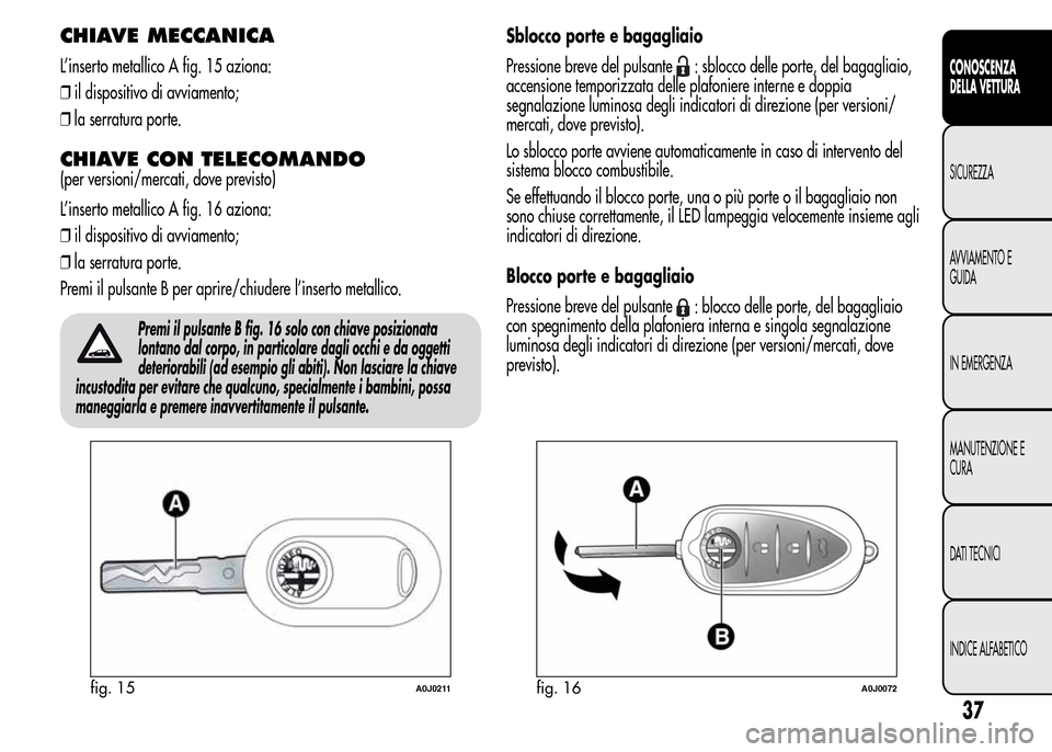 Alfa Romeo MiTo 2015  Manuale del proprietario (in Italian) CHIAVE MECCANICA
L’inserto metallico A fig. 15 aziona:
❒il dispositivo di avviamento;
❒la serratura porte.
CHIAVE CON TELECOMANDO
(per versioni/mercati, dove previsto)
L’inserto metallico A fi