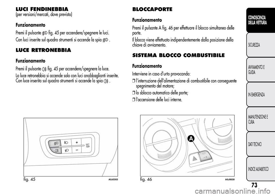 Alfa Romeo MiTo 2015  Manuale del proprietario (in Italian) LUCI FENDINEBBIA
(per versioni/mercati, dove previsto)
Funzionamento
Premi il pulsante
fig. 45 per accendere/spegnere le luci.
Con luci inserite sul quadro strumenti si accende la spia
.
LUCE RETRONEB