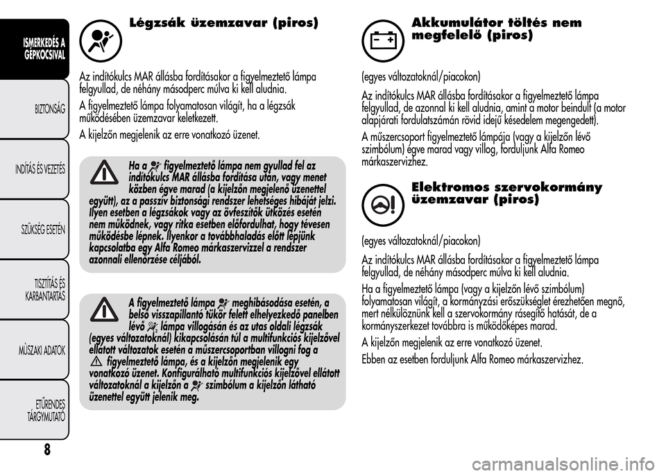 Alfa Romeo MiTo 2015  Kezelési útmutató (in Hungarian) Légzsák üzemzavar (piros)
Az indítókulcs MAR állásba fordításakor a figyelmeztető lámpa
felgyullad, de néhány másodperc múlva ki kell aludnia.
A figyelmeztető lámpa folyamatosan vilá