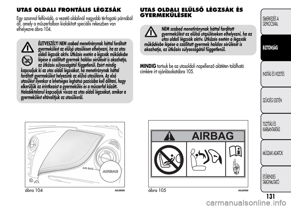 Alfa Romeo MiTo 2015 Kezelési útmutató (in Hungarian) UTAS OLDALI FRONTÁLIS LÉGZSÁK
Egy azonnal felfúvódó, a vezető oldalinál nagyobb térfogatú párnából
áll, amely a műszerfalban kialakított speciális rekeszben van
elhelyezve ábra 104.
Alfa Romeo MiTo 2015 Kezelési útmutató (in Hungarian) UTAS OLDALI FRONTÁLIS LÉGZSÁK
Egy azonnal felfúvódó, a vezető oldalinál nagyobb térfogatú párnából
áll, amely a műszerfalban kialakított speciális rekeszben van
elhelyezve ábra 104.