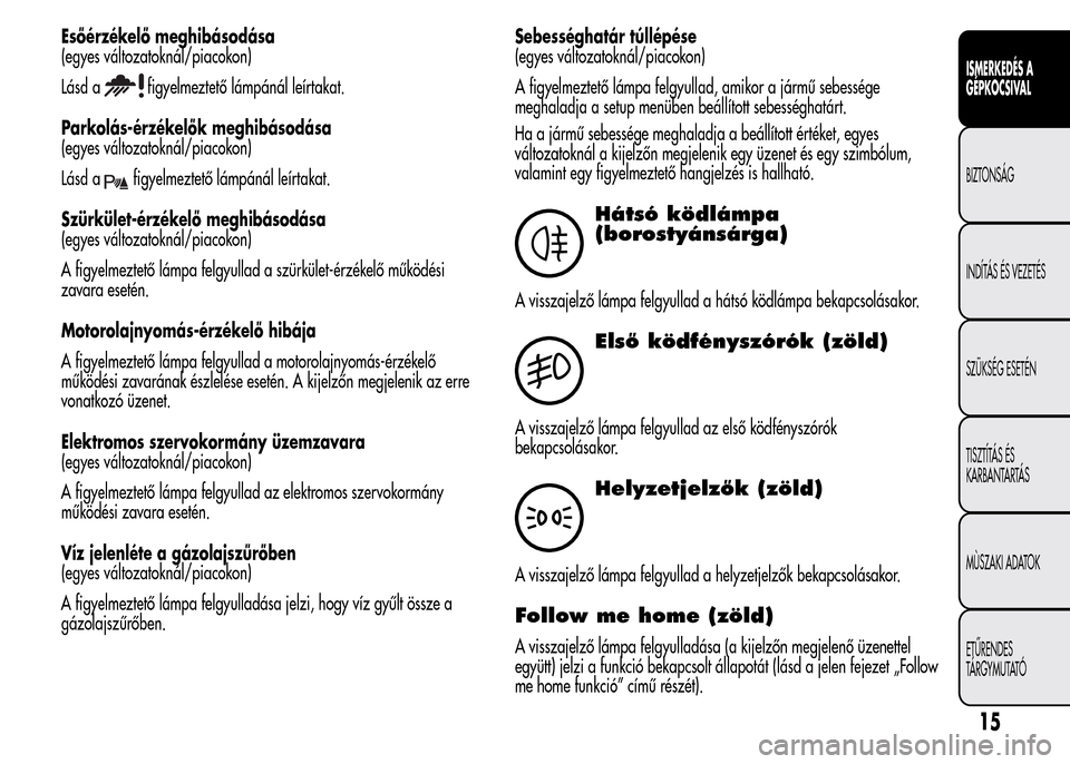 Alfa Romeo MiTo 2015  Kezelési útmutató (in Hungarian) Esőérzékelő meghibásodása
(egyes változatoknál/piacokon)
Lásd a
figyelmeztető lámpánál leírtakat.
Parkolás-érzékelők meghibásodása
(egyes változatoknál/piacokon)
Lásd a
figyelme