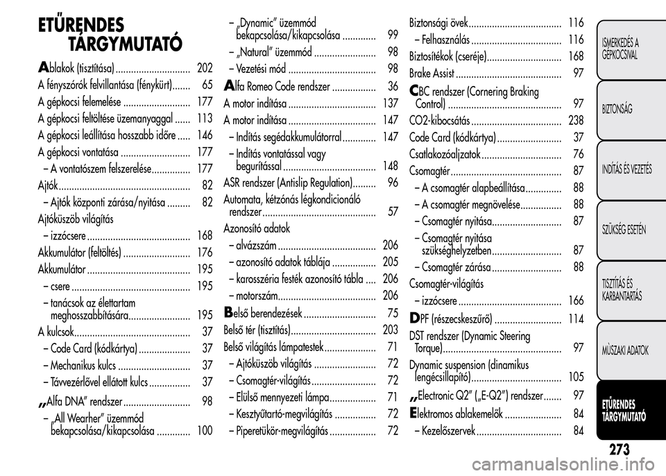 Alfa Romeo MiTo 2015  Kezelési útmutató (in Hungarian) ETŰRENDES
TÁRGYMUTATÓ
Ablakok (tisztítása) ............................. 202
A fényszórók felvillantása (fénykürt) ....... 65
A gépkocsi felemelése .......................... 177
A gépko