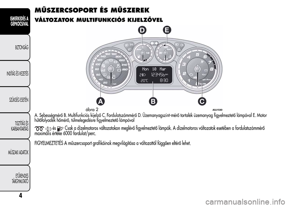 Alfa Romeo MiTo 2015  Kezelési útmutató (in Hungarian) MŰSZERCSOPORT ÉS MŰSZEREK
VÁLTOZATOK MULTIFUNKCIÓS KIJELZŐVEL
A. Sebességmérő B. Multifunkciós kijelző C. Fordulatszámmérő D. Üzemanyagszint-mérő tartalék üzemanyag figyelmeztető l