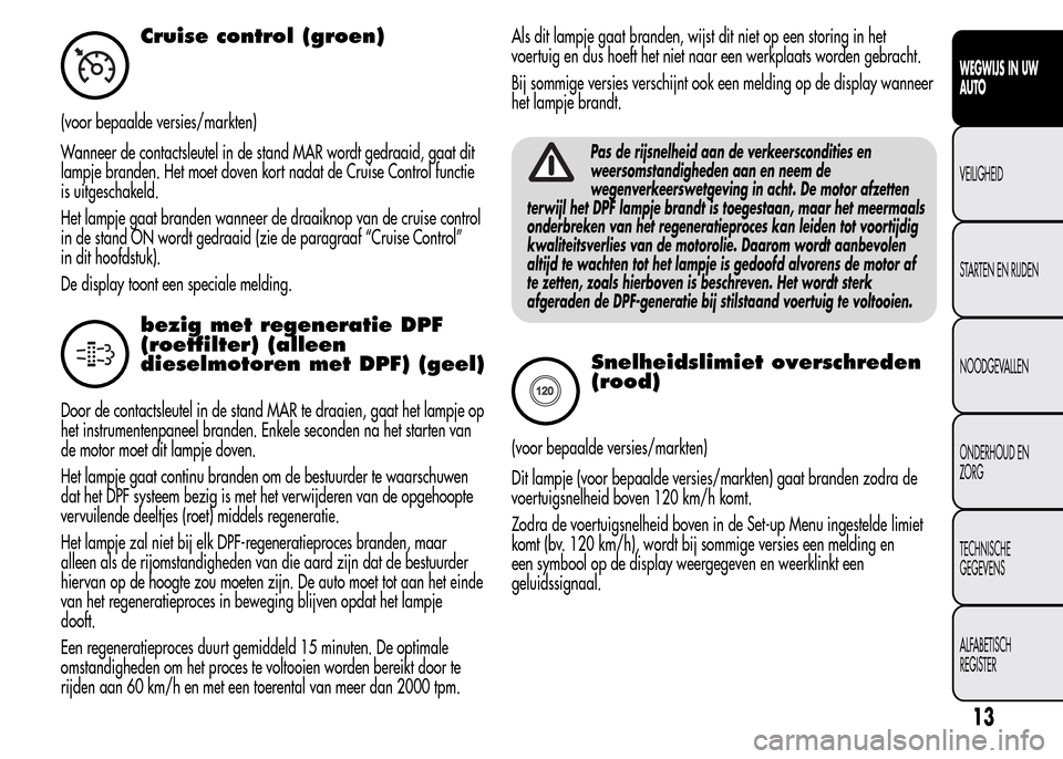 Alfa Romeo MiTo 2015  Handleiding (in Dutch) Cruise control (groen)
(voor bepaalde versies/markten)
Wanneer de contactsleutel in de stand MAR wordt gedraaid, gaat dit
lampje branden. Het moet doven kort nadat de Cruise Control functie
is uitgesc