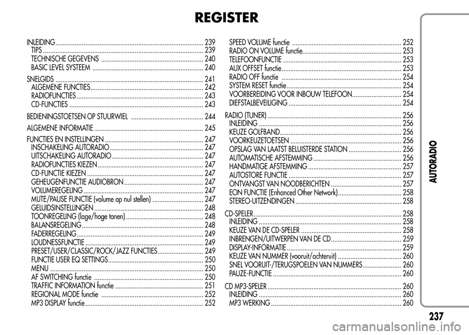Alfa Romeo MiTo 2015 Handleiding (in Dutch) INLEIDING .................................................................................... 239
TIPS ........................................................................................... 239
Alfa Romeo MiTo 2015 Handleiding (in Dutch) INLEIDING .................................................................................... 239
TIPS ........................................................................................... 239