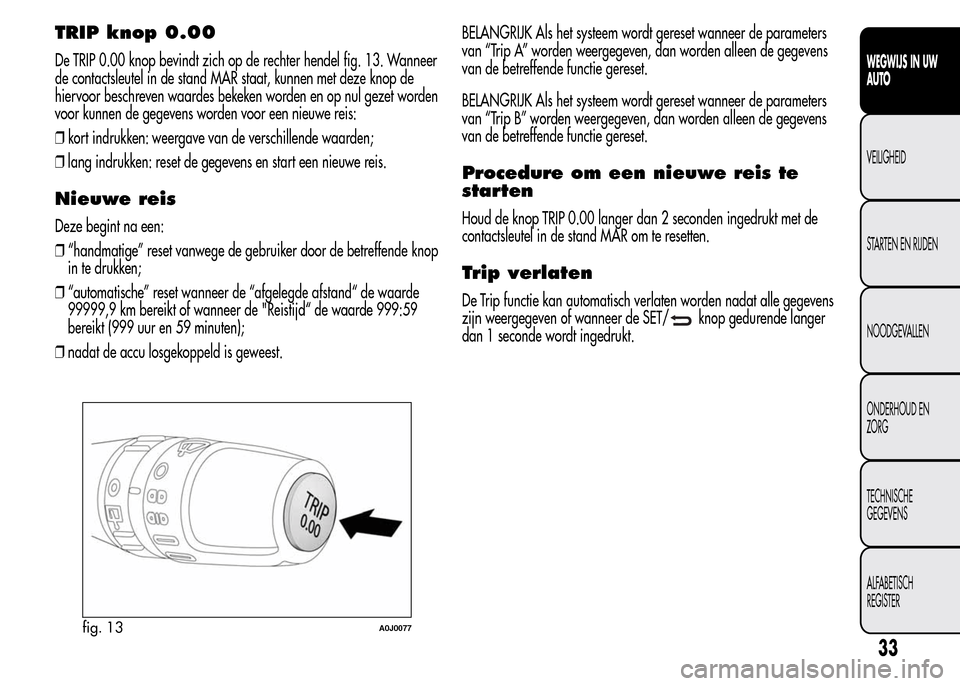 Alfa Romeo MiTo 2015  Handleiding (in Dutch) TRIP knop 0.00
De TRIP 0.00 knop bevindt zich op de rechter hendel fig. 13. Wanneer
de contactsleutel in de stand MAR staat, kunnen met deze knop de
hiervoor beschreven waardes bekeken worden en op nu