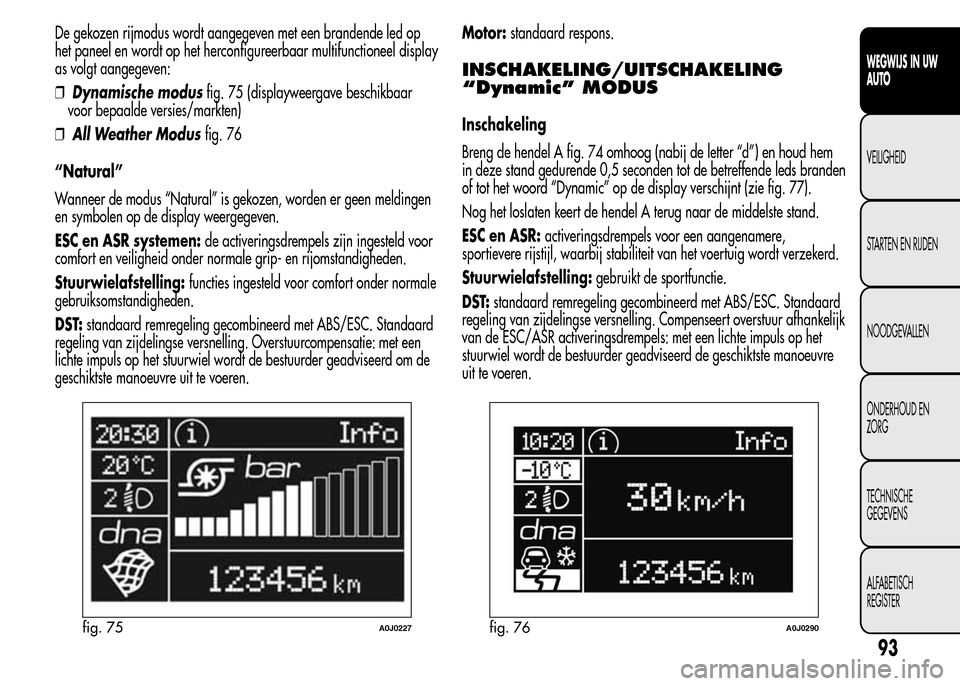 Alfa Romeo MiTo 2015  Handleiding (in Dutch) De gekozen rijmodus wordt aangegeven met een brandende led op
het paneel en wordt op het herconfigureerbaar multifunctioneel display
as volgt aangegeven:
❒Dynamische modusfig. 75 (displayweergave be