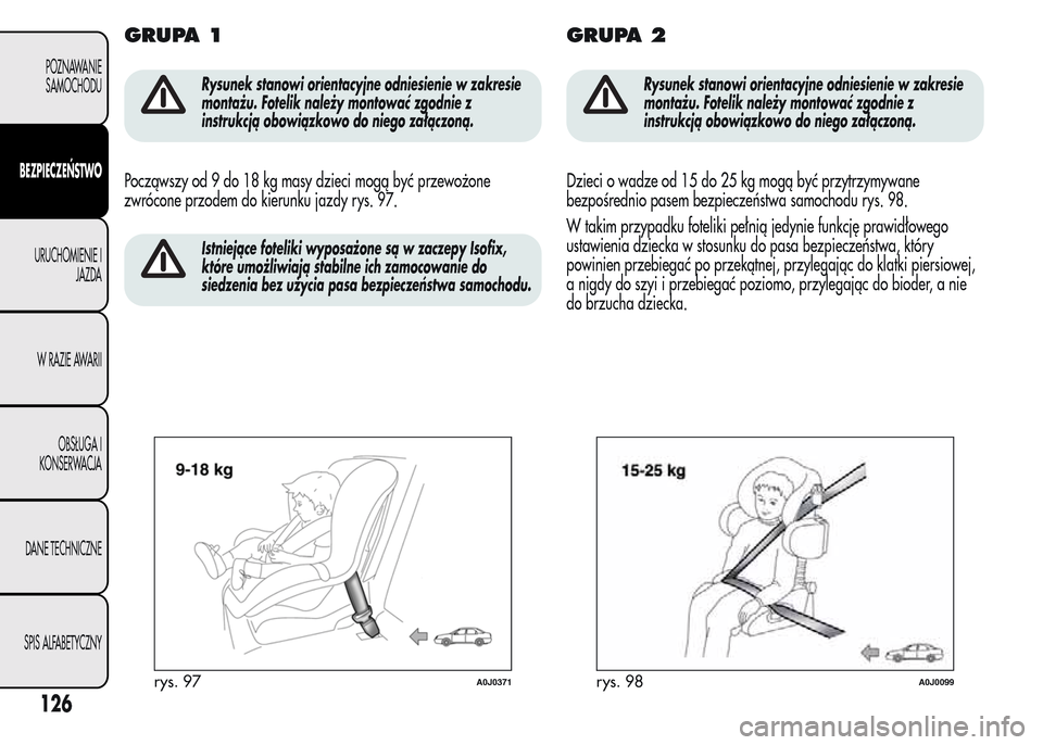 Alfa Romeo MiTo 2015 Instrukcja Obsługi (in Polish) GRUPA 1
Rysunek stanowi orientacyjne odniesienie w zakresie
montażu. Fotelik należy montować zgodnie z
instrukcją obowiązkowo do niego załączoną.
Począwszy od 9 do 18 kg masy dzieci mogą by Alfa Romeo MiTo 2015 Instrukcja Obsługi (in Polish) GRUPA 1
Rysunek stanowi orientacyjne odniesienie w zakresie
montażu. Fotelik należy montować zgodnie z
instrukcją obowiązkowo do niego załączoną.
Począwszy od 9 do 18 kg masy dzieci mogą by