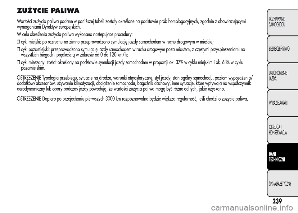 Alfa Romeo MiTo 2015 Instrukcja Obsługi (in Polish) ZUŻYCIE PALIWA
Wartości zużycia paliwa podane w poniższej tabeli zostały określone na podstawie prób homologacyjnych, zgodnie z obowiązującymi
wymaganiami Dyrektyw europejskich.
W celu okreś Alfa Romeo MiTo 2015 Instrukcja Obsługi (in Polish) ZUŻYCIE PALIWA
Wartości zużycia paliwa podane w poniższej tabeli zostały określone na podstawie prób homologacyjnych, zgodnie z obowiązującymi
wymaganiami Dyrektyw europejskich.
W celu okreś