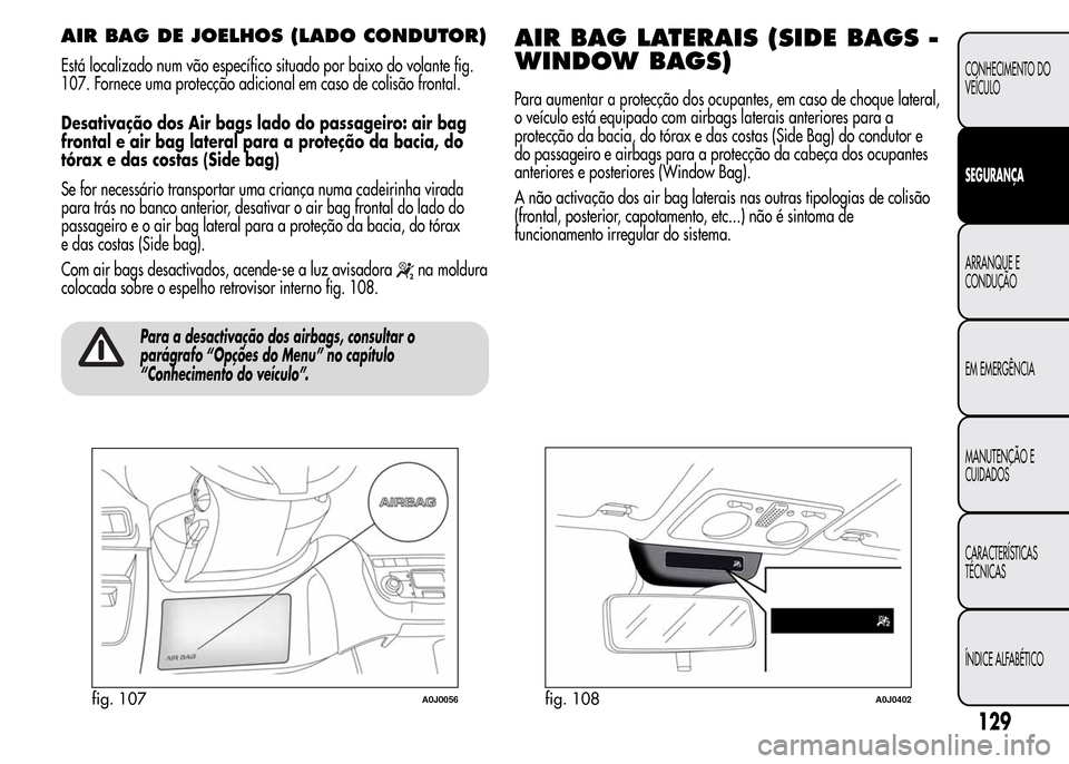 Alfa Romeo MiTo 2015  Manual do proprietário (in Portuguese) AIR BAG DE JOELHOS (LADO CONDUTOR)
Está localizado num vão específico situado por baixo do volante fig.
107. Fornece uma protecção adicional em caso de colisão frontal.
Desativação dos Air bag