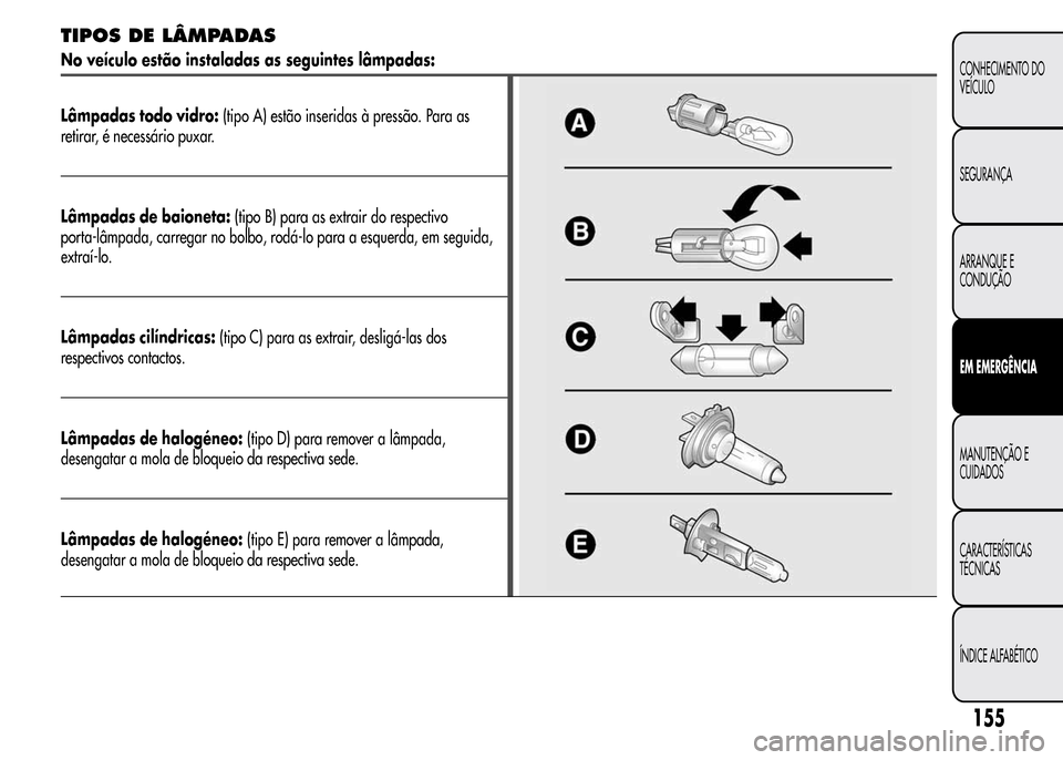 Alfa Romeo MiTo 2015  Manual do proprietário (in Portuguese) TIPOS DE LÂMPADAS
No veículo estão instaladas as seguintes lâmpadas:
Lâmpadas todo vidro:(tipo A) estão inseridas à pressão. Para as
retirar, é necessário puxar.
Lâmpadas de baioneta:(tipo 