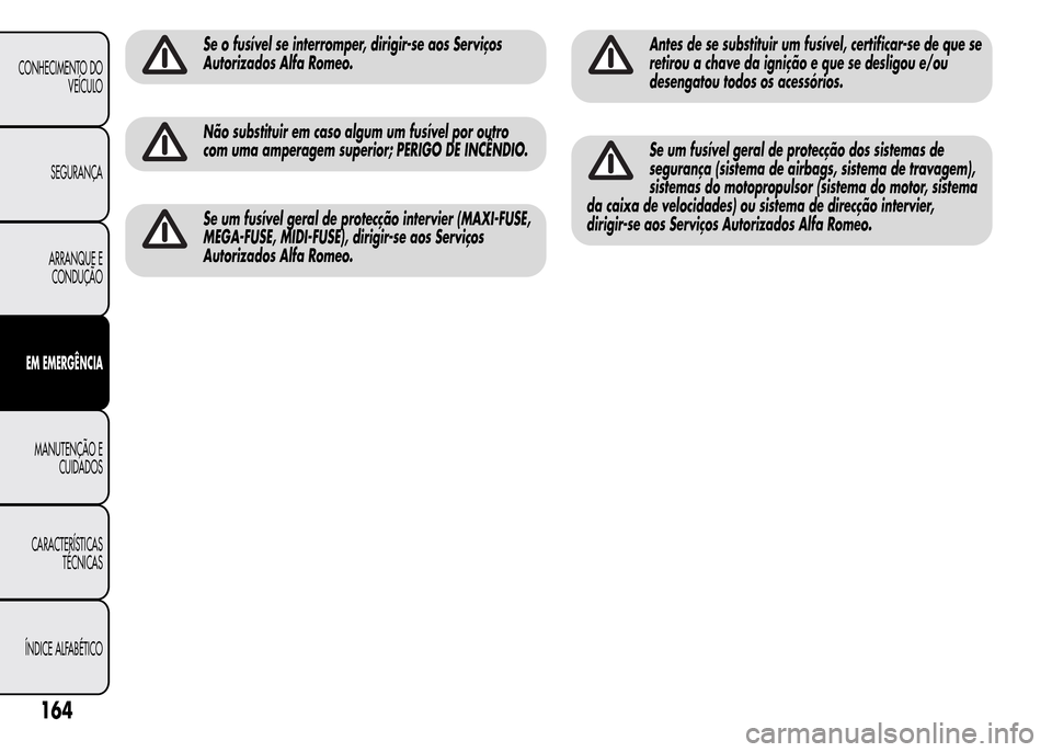 Alfa Romeo MiTo 2015  Manual do proprietário (in Portuguese) Se o fusível se interromper, dirigir-se aos Serviços
Autorizados Alfa Romeo.
Não substituir em caso algum um fusível por outro
com uma amperagem superior; PERIGO DE INCÊNDIO.
Se um fusível geral