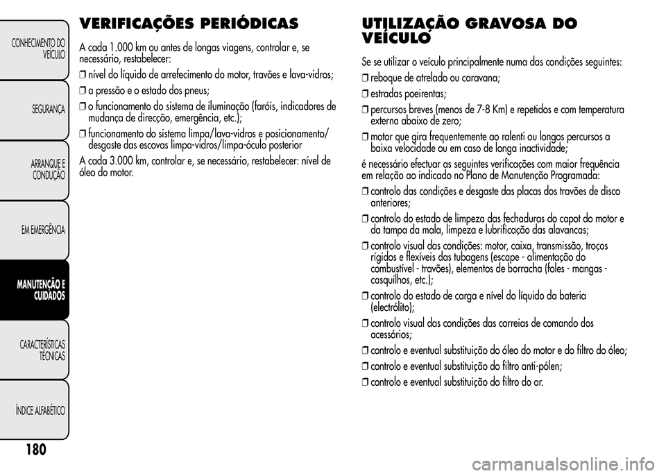 Alfa Romeo MiTo 2015  Manual do proprietário (in Portuguese) VERIFICAÇÕES PERIÓDICAS
A cada 1.000 km ou antes de longas viagens, controlar e, se
necessário, restabelecer:
❒nível do líquido de arrefecimento do motor, travões e lava-vidros;
❒a pressão