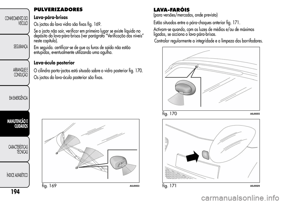 Alfa Romeo MiTo 2015  Manual do proprietário (in Portuguese) PULVERIZADORES
Lava-pára-brisas
Os jactos do lava vidro são fixos fig. 169.
Se o jacto não sair, verificar em primeiro lugar se existe líquido no
depósito do lava-pára-brisas (ver parágrafo “