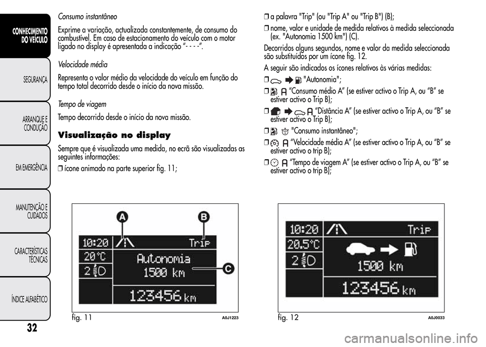 Alfa Romeo MiTo 2015 Manual do proprietário (in Portuguese) Consumo instantâneo
Exprime a variação, actualizada constantemente, de consumo do
combustível. Em caso de estacionamento do veículo com o motor
ligado no display é apresentada a indicação “- Alfa Romeo MiTo 2015 Manual do proprietário (in Portuguese) Consumo instantâneo
Exprime a variação, actualizada constantemente, de consumo do
combustível. Em caso de estacionamento do veículo com o motor
ligado no display é apresentada a indicação “-