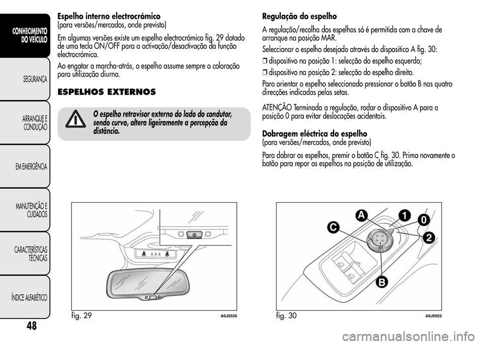 Alfa Romeo MiTo 2015  Manual do proprietário (in Portuguese) Espelho interno electrocrómico
(para versões/mercados, onde previsto)
Em algumas versões existe um espelho electrocrómico fig. 29 dotado
de uma tecla ON/OFF para a activação/desactivação da fu