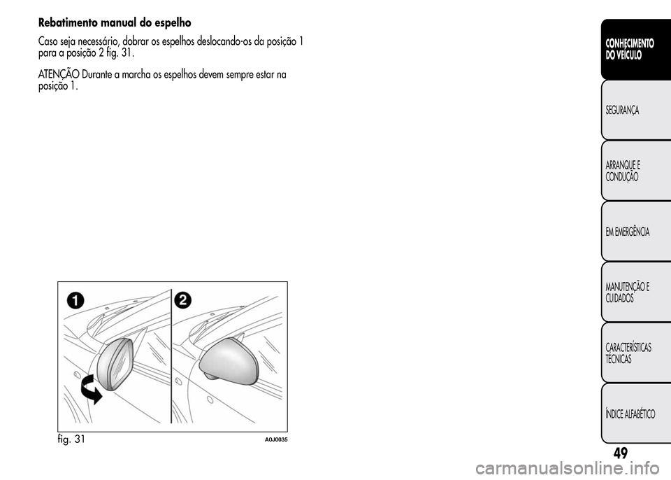 Alfa Romeo MiTo 2015  Manual do proprietário (in Portuguese) Rebatimento manual do espelho
Caso seja necessário, dobrar os espelhos deslocando-os da posição 1
para a posição 2 fig. 31.
ATENÇÃO Durante a marcha os espelhos devem sempre estar na
posição 