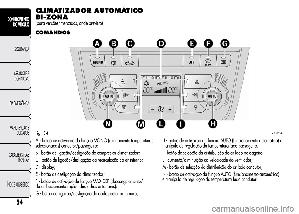 Alfa Romeo MiTo 2015  Manual do proprietário (in Portuguese) CLIMATIZADOR AUTOMÁTICO
BI-ZONA
(para versões/mercados, onde previsto)
COMANDOS
A - botão de activação da função MONO (alinhamento temperaturas
seleccionadas) condutor/passageiro;
B - botão de
