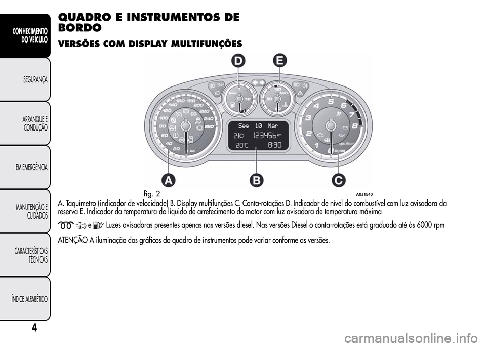 Alfa Romeo MiTo 2015  Manual do proprietário (in Portuguese) QUADRO E INSTRUMENTOS DE
BORDO
VERSÕES COM DISPLAY MULTIFUNÇÕES
A. Taquímetro (indicador de velocidade) B. Display multifunções C. Conta-rotações D. Indicador de nível do combustível com luz