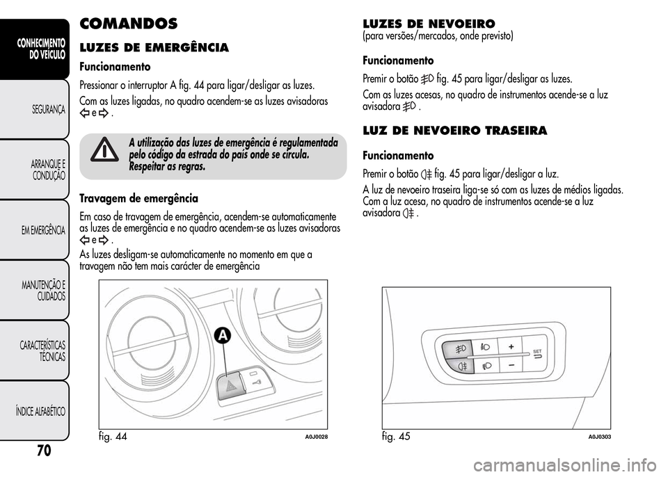 Alfa Romeo MiTo 2015 Manual do proprietário (in Portuguese) COMANDOS
LUZES DE EMERGÊNCIA
Funcionamento
Pressionar o interruptor A fig. 44 para ligar/desligar as luzes.
Com as luzes ligadas, no quadro acendem-se as luzes avisadoras
e.
A utilização das luzes Alfa Romeo MiTo 2015 Manual do proprietário (in Portuguese) COMANDOS
LUZES DE EMERGÊNCIA
Funcionamento
Pressionar o interruptor A fig. 44 para ligar/desligar as luzes.
Com as luzes ligadas, no quadro acendem-se as luzes avisadoras
e.
A utilização das luzes