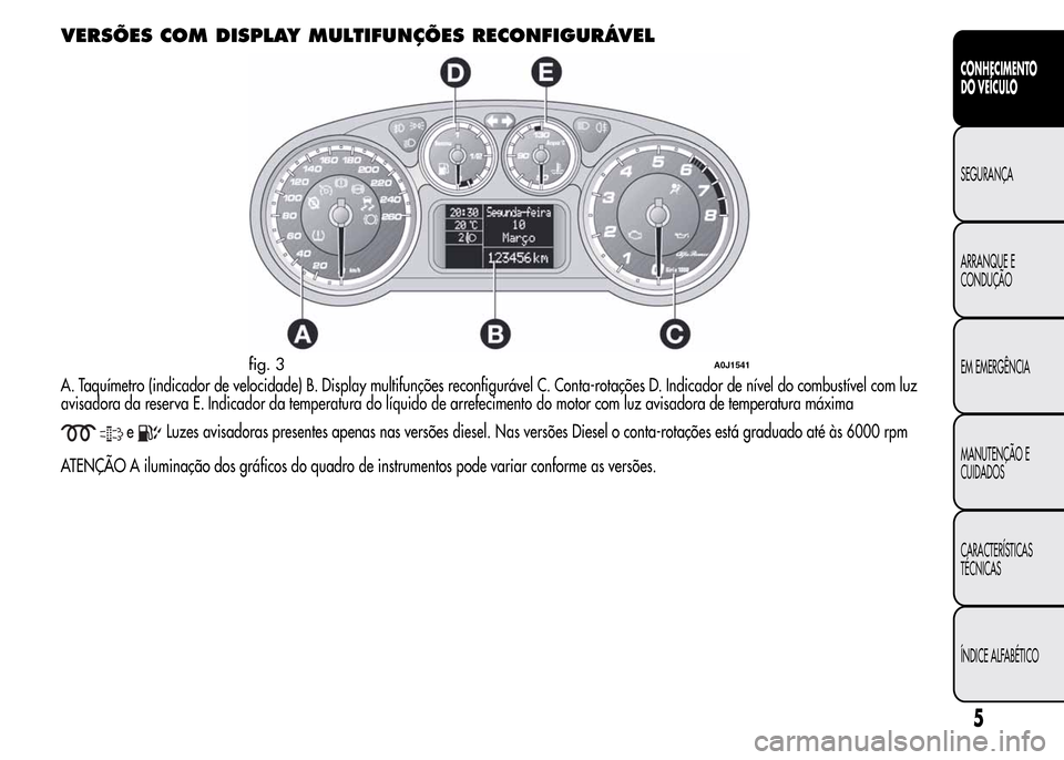 Alfa Romeo MiTo 2015  Manual do proprietário (in Portuguese) VERSÕES COM DISPLAY MULTIFUNÇÕES RECONFIGURÁVEL
A. Taquímetro (indicador de velocidade) B. Display multifunções reconfigurável C. Conta-rotações D. Indicador de nível do combustível com lu