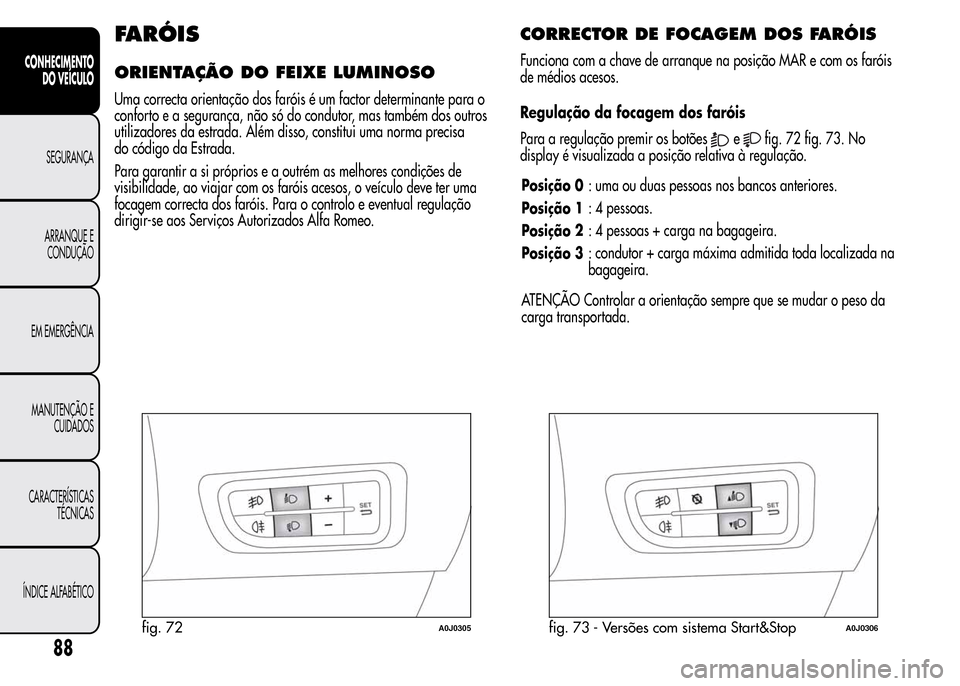 Alfa Romeo MiTo 2015 Manual do proprietário (in Portuguese) FARÓIS
ORIENTAÇÃO DOFEIXE LUMINOSO
Uma correcta orientação dos faróis é um factor determinante para o
conforto e a segurança, não só do condutor, mas também dos outros
utilizadores da estra Alfa Romeo MiTo 2015 Manual do proprietário (in Portuguese) FARÓIS
ORIENTAÇÃO DOFEIXE LUMINOSO
Uma correcta orientação dos faróis é um factor determinante para o
conforto e a segurança, não só do condutor, mas também dos outros
utilizadores da estra