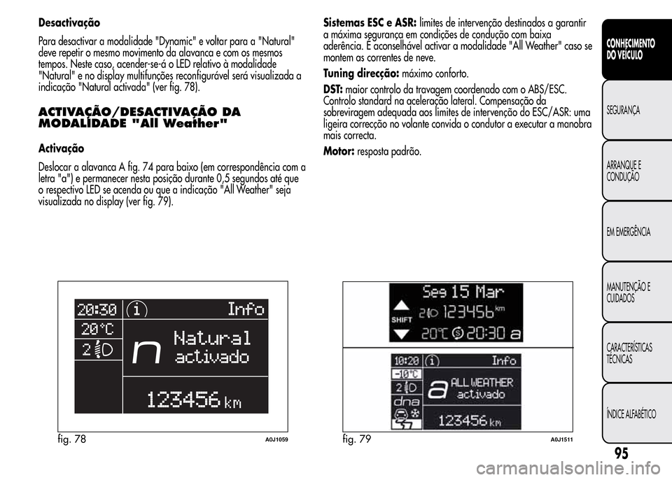 Alfa Romeo MiTo 2015 Manual do proprietário (in Portuguese) Desactivação
Para desactivar a modalidade "Dynamic" e voltar para a "Natural"
deve repetir o mesmo movimento da alavanca e com os mesmos
tempos. Neste caso, acender-se-á o LED relativo à modalidad Alfa Romeo MiTo 2015 Manual do proprietário (in Portuguese) Desactivação
Para desactivar a modalidade "Dynamic" e voltar para a "Natural"
deve repetir o mesmo movimento da alavanca e com os mesmos
tempos. Neste caso, acender-se-á o LED relativo à modalidad