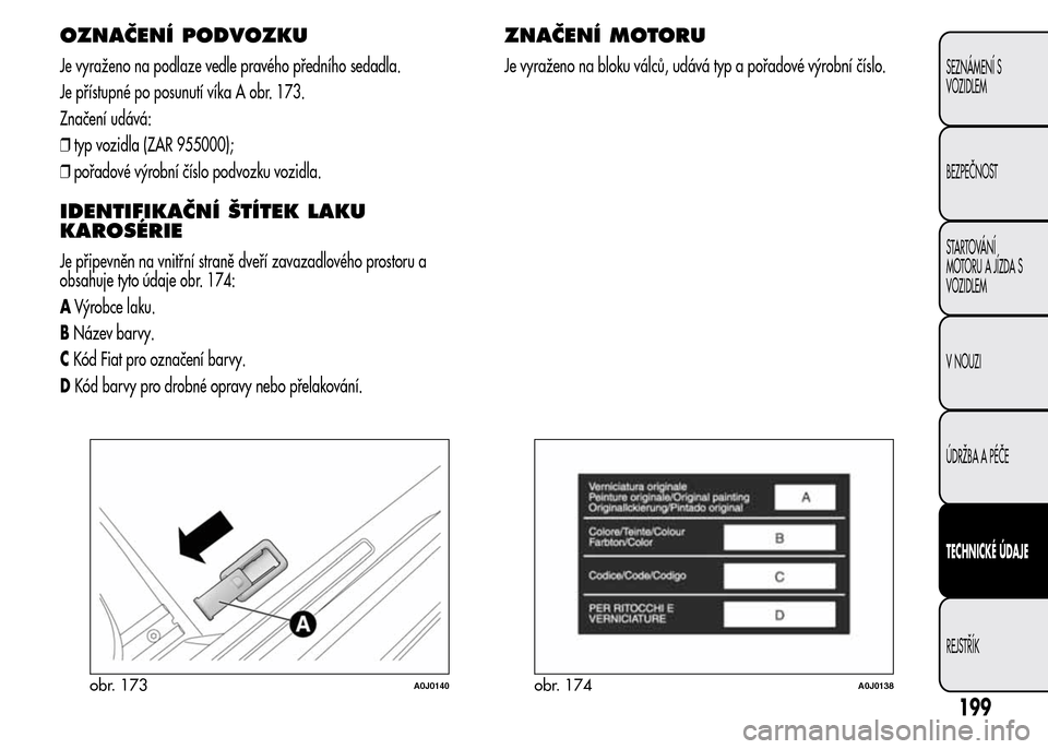 Alfa Romeo MiTo 2015  Návod k obsluze (in Czech) OZNAČENÍ PODVOZKU
Je vyraženo na podlaze vedle pravého předního sedadla.
Je přístupné po posunutí víka A obr. 173.
Značení udává:
❒typ vozidla (ZAR 955000);
❒pořadové výrobní č
