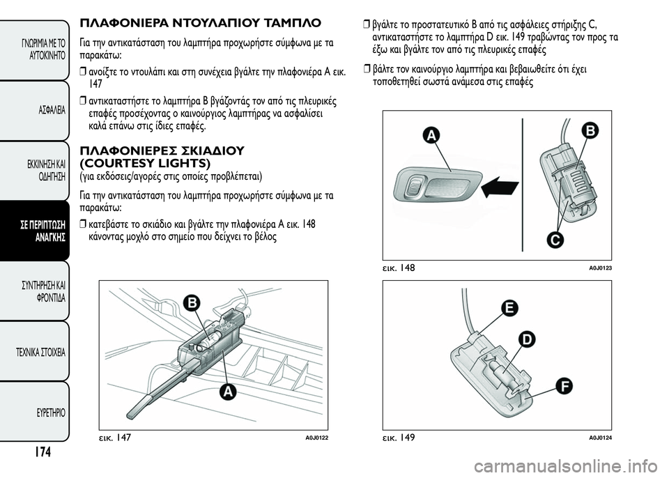 Alfa Romeo MiTo 2015 Εγχειρίδιο χρήσης (in Greek) ΠΛΑΦΟΝΙΕΡΑ ΝΤΟΥΛΑΠΙΟΥ ΤΑΜΠΛΟ
Για την αντικατάσταση του λαμπτήρα προχωρήστε σύμφωνα με τα
παρακάτω:
❒ανοίξτ Alfa Romeo MiTo 2015 Εγχειρίδιο χρήσης (in Greek) ΠΛΑΦΟΝΙΕΡΑ ΝΤΟΥΛΑΠΙΟΥ ΤΑΜΠΛΟ
Για την αντικατάσταση του λαμπτήρα προχωρήστε σύμφωνα με τα
παρακάτω:
❒ανοίξτ