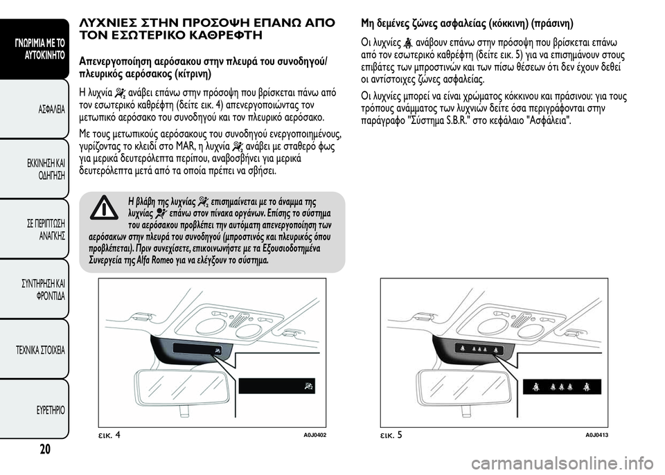 Alfa Romeo MiTo 2015  Εγχειρίδιο χρήσης (in Greek) ΛΥΧΝΙΕΣ ΣΤΗΝ ΠΡΟΣΟΨΗ ΕΠΑΝΩ ΑΠΟ
ΤΟΝ ΕΣΩΤΕΡΙΚΟ ΚΑΘΡΕΦΤΗ
Απενεργοποίηση αερόσακου στην πλευρά του συνοδηγού/
π