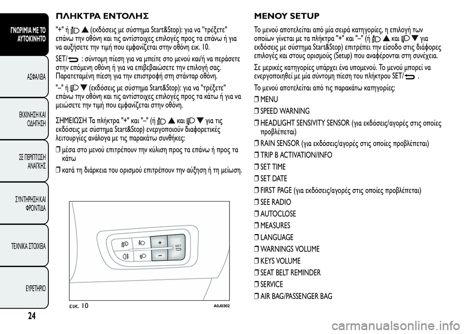 Alfa Romeo MiTo 2015  Εγχειρίδιο χρήσης (in Greek) ΠΛΗΚΤΡΑ ΕΝΤΟΛΗΣ
"+" ή(εκδόσεις με σύστημα Start&Stop): για να ''τρέξετε''
επάνω την οθόνη και τις αντίστο